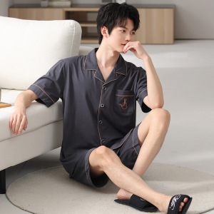 男士纯棉睡衣夏季薄款凉感短袖短裤两件套大码开衫男生家居服套装