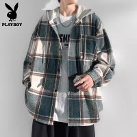 花花公子连帽长袖衬衫男士春季潮流磨毛格子港风宽松衬衣外套男款