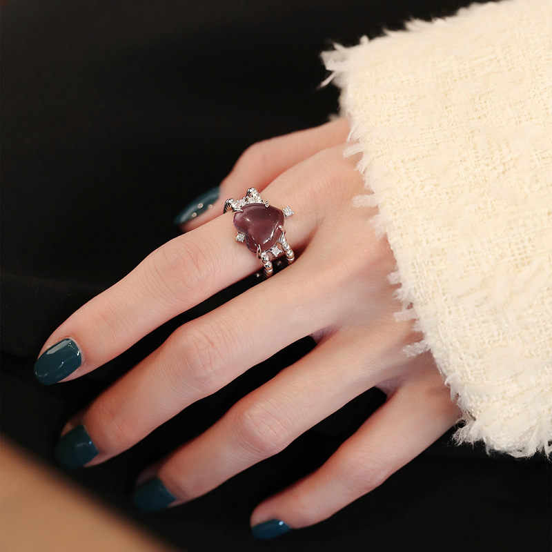 925纯银心形开口戒指女ins冷淡风时尚个性独特设计可调节方形指环送女朋友老婆情人节七夕生日礼物