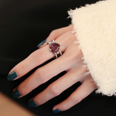 925纯银心形开口戒指女ins冷淡风时尚个性独特设计可调节方形指环送女朋友老婆情人节七夕生日礼物