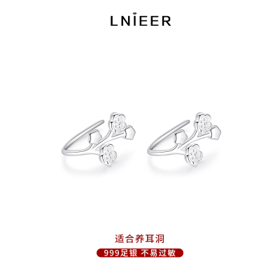 纯银999梅花耳环女养耳洞足银花朵耳钩耳挂古风新中式银耳饰清冷送女朋友老婆情人节七夕生日礼物