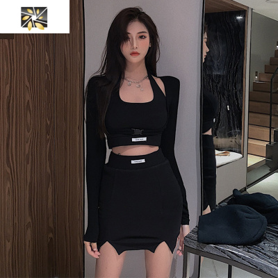暖青汇蹦迪女装暗黑系炸街性感吊带气质包臀连衣裙欧美辣妹风两件套装春套装黑色背心+黑色短裙+黑色外套均码