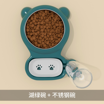 狗盆狗碗猫碗双碗自动饮水食盆狗狗碗猫咪食碗米妮饭盆宠物用品_宠物湖绿碗加不锈钢盆_猫狗喂食喝水一体碗