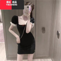 YIBUSHENG纯欲风方领泡泡袖连衣裙女小个子季甜辣妹包臀短裙收腰紧身裙子