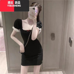 YIBUSHENG纯欲风方领泡泡袖连衣裙女小个子季甜辣妹包臀短裙收腰紧身裙子