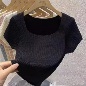 美式复古方领短袖针织衫女夏季新款修身短款高腰正肩薄款纯色上衣