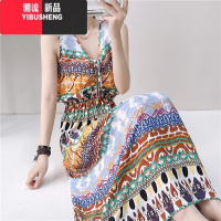 YIBUSHENG棉绸长款连衣裙女大码人造棉碎花裙高腰显瘦沙滩裙无袖背心长裙