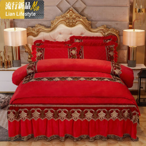 夹棉床裙水晶绒四件套欧式蕾丝法莱绒床罩防滑珊瑚绒被套床上用品 三维工匠