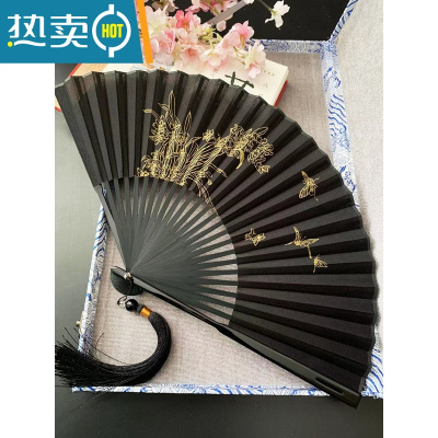 XIANCAI中国风折扇子男生便携8寸复古风折叠古典古装汉服黑色绿色竹林大 黑色