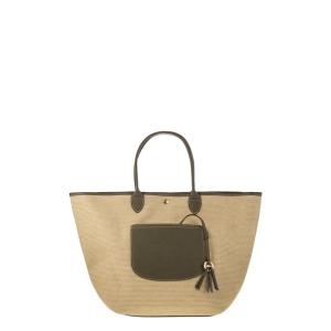 女士草编感帆布手提包大容量外部皮革口袋可定制钥匙扣节日出游通 MILITARY_GREEN