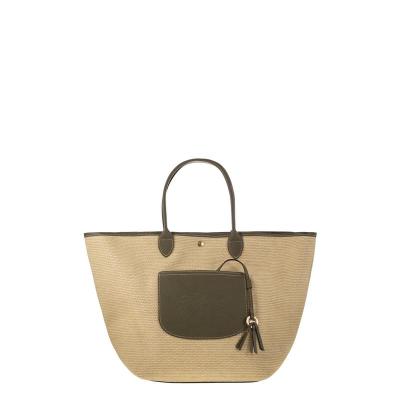 女士草编感帆布手提包大容量外部皮革口袋可定制钥匙扣节日出游通