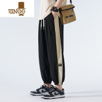 YANXU条纹裤子男夏季薄款冰丝运动卫裤男宽松束脚男生休闲九分大码胖子