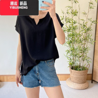 YIBUSHENG2024款棉绸上衣女季宽松显瘦V领t恤人造棉薄款休闲纯色短袖时尚