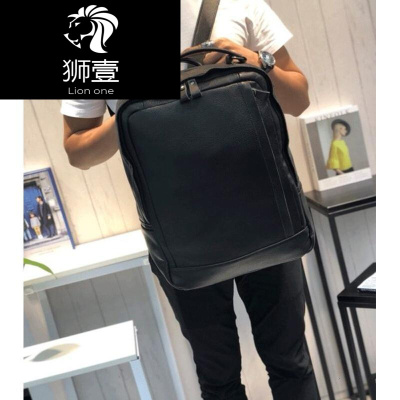 狮壹（Lionone）韩版休闲双肩包男背包男商务旅行包头层牛皮电脑背包潮书包黑色
