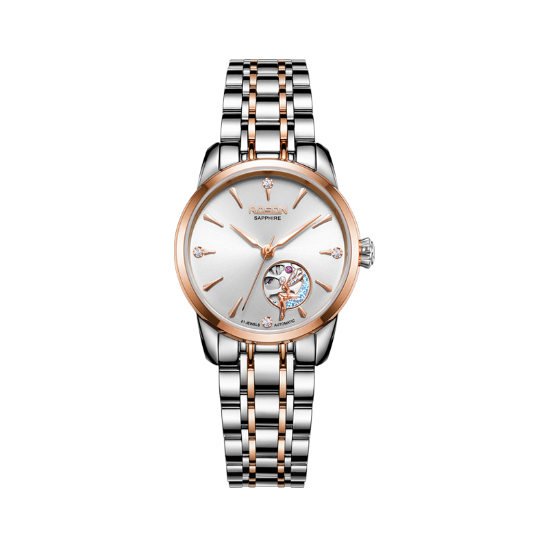 劳士顿(rosdn)手表女士正品自动机械表防水时尚商务女表钢带皮带镂空