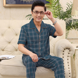 中老年睡衣男棉质夏季薄款短袖中年爸爸开衫长裤家居服套装可外穿