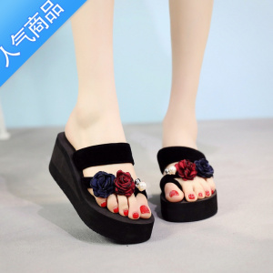 SUNTEK沙滩鞋凉拖鞋女夏高跟人字拖女夏时尚外穿厚底2020新款海边花朵