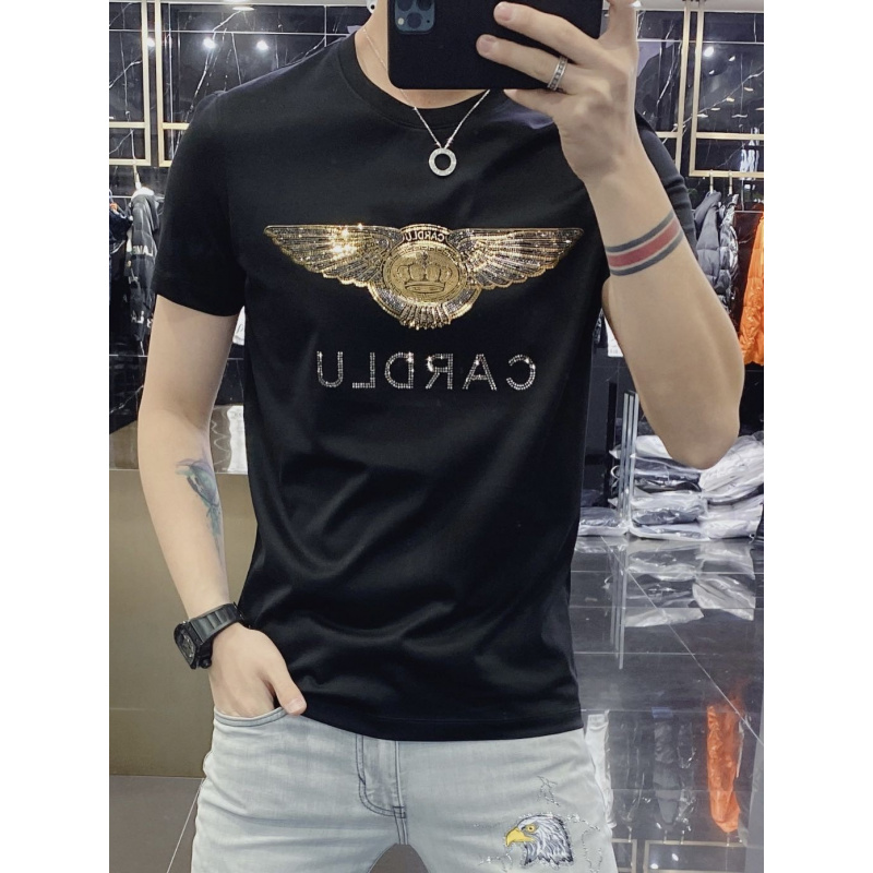 欧洲站潮牌夏季新款男装潮流欧货镭射烫钻T恤男短袖丝光棉 冰丝