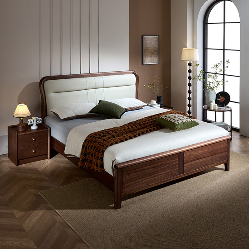 青木川 简约现代南美黑胡桃木全实木床1.8米双人床1.5米两米单人床大板直拼卧室家具带软包家用休闲成人结婚榫卯床架