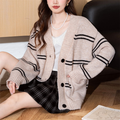 [清仓1折价52.9元,不叠加优惠券]唐狮早春女V领细条纹撞色宽松开衫外套韩版气质温柔百搭别致