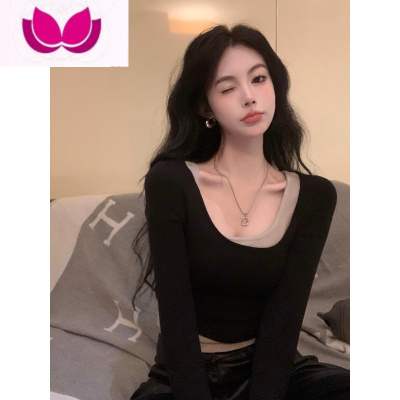 七斓假方领长袖T恤女装春季甜辣妹设计感修身短款内搭打底衫上衣