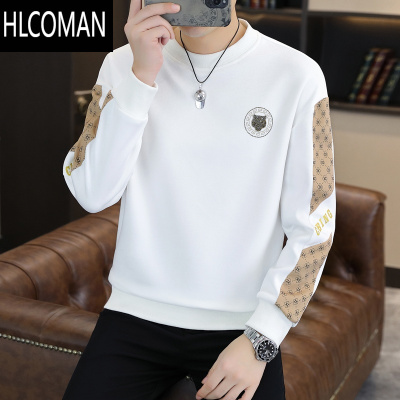 HLCOMAN新款拼接卫衣男潮流长袖t恤帅气加绒加厚青年宽松套头p暖打底衫