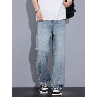 浅蓝色高街男秋季牛仔裤直筒防皱宽松欧美休闲莱赛尔裤子新款上新