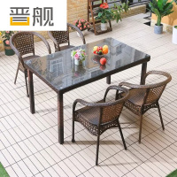 晋舰藤椅阳台桌椅室外庭院藤编椅子花园茶几藤椅组合4椅+150全藤直角桌