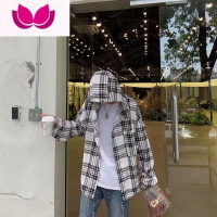 七斓薄款格子衬衫男长袖宽松轻熟外套BF日系ins连帽外穿衬衣服