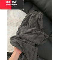 YIBUSHENG破洞烫钻粉色裤子女季薄款松紧腰抽绳显瘦阔腿裤垂感防晒休闲裤
