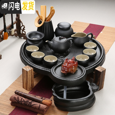 三维工匠家用石磨茶盘黑陶粗陶手绘紫砂哥窑汝窑功夫茶具陶瓷茶台茶托干泡 牛转乾坤茶盘+黑陶茶具套组 20件