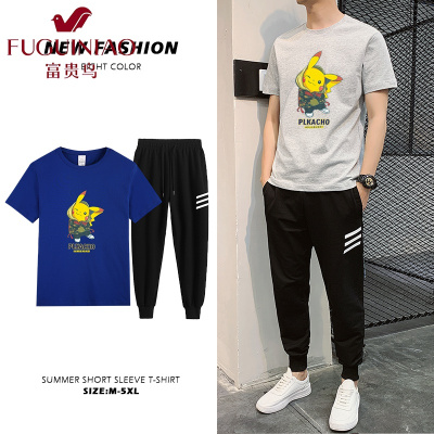 富贵鸟(FUGUINIAO)短袖T恤套装男夏季修身ins休闲运动套装男潮流两件一套九分裤夏装