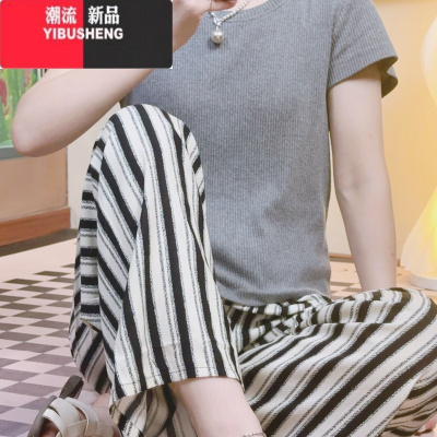 YIBUSHENG季女棉绸花裤长裤人造棉纯色外穿休闲防晒透气凉凉裤