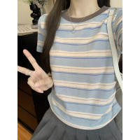 条纹撞色正肩褶皱短袖T恤女夏季2025新款修身设计感学生上衣ins潮