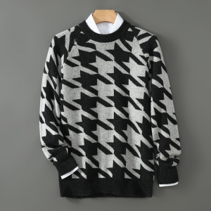 秋冬新款羊毛衫男士圆领套头加厚毛衣千鸟格针织衫宽松打底羊毛衫