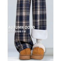 藏青色加绒格子裤子女秋冬加绒新款窄版直筒小个子毛呢阔腿裤