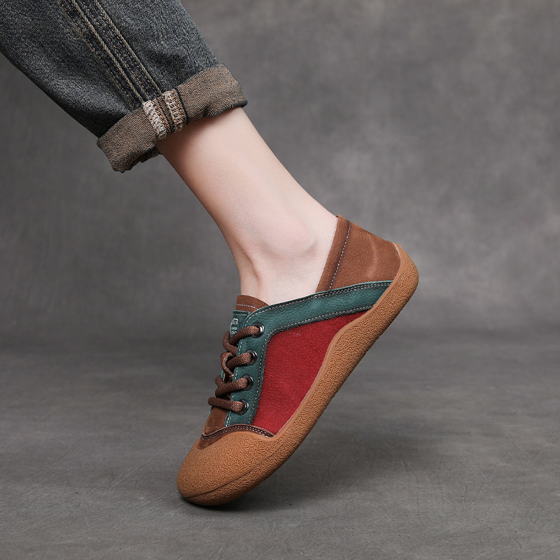 头层牛皮秋季新款系带运动休闲圆头平底德训单鞋软底防水台