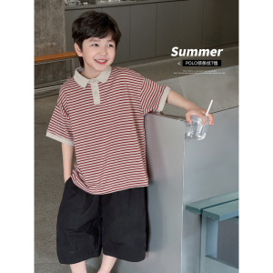 童酷2026男童夏季新款韩版条纹中大童短袖T恤百搭翻领儿童POLO衫