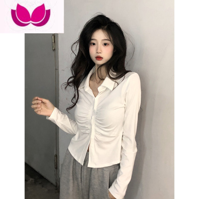 七斓设计感褶皱长袖T恤春季2023新款修身小翻领纯欲风辣妹打底上衣女