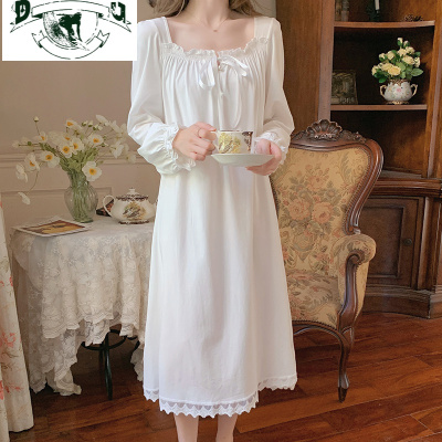 HLCOMAN法式宫廷风睡衣女春秋棉长袖白色蕾丝睡裙性感仙女公主家居服夏睡裙