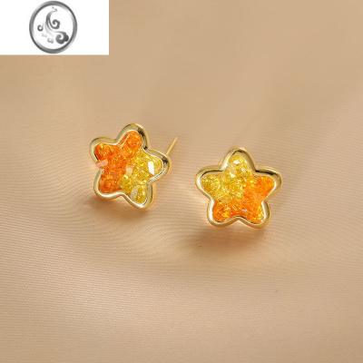 JiMi「海底星空」橘色水晶星星耳钉小巧精致夏日甜美五角星耳饰