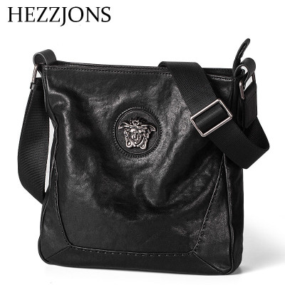 赫泽琼斯HEZZJONS男士真皮单肩包进口意大利牛皮背包青年商务休闲软皮斜挎包时尚简约韩版美杜莎小背包黑色进口意大利牛皮
