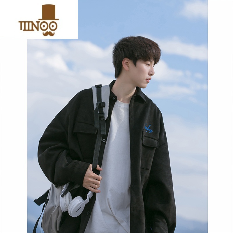 YANXU绒衬衫男长袖ins潮港风日系衬衣宽松痞帅休闲外套