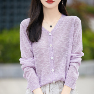 2025年春夏新款V领针织开衫长袖女纯色薄款气质宽松防晒衫空调衫