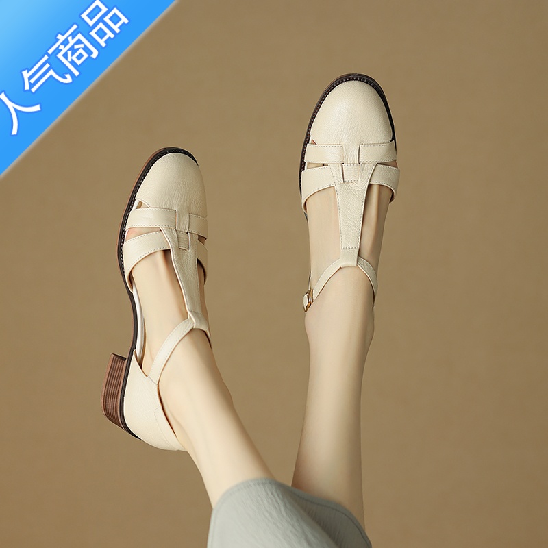 SUNTEK闭眼入~复古包头罗马凉鞋女粗跟2023夏季新款镂空编织猪笼鞋