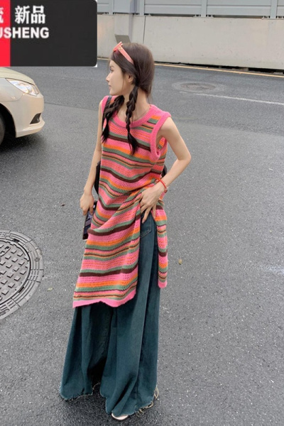 YIBUSHENG彩虹条纹针织背心连衣裙女季新疆度假穿搭沙滩裙子日系叠穿罩裙