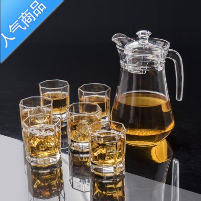 YICHENG玻璃杯套装家用6只装耐热水壶套装泡茶水杯啤酒杯酒水杯冷水壶6只矮八角杯+1.3升鸭嘴壶