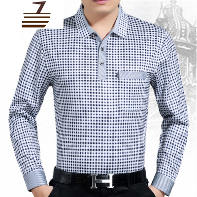 NEWLAKE夏装薄款中年男士长袖T恤爸爸装格子棉长袖体恤衫大码中老年衣服