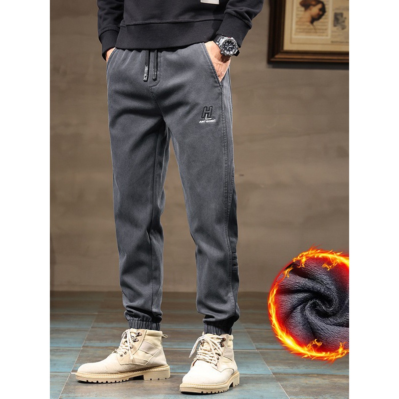 一体绒裤子男士加绒潮牌哈伦束脚裤男款冬季品质舒适运动休闲裤男