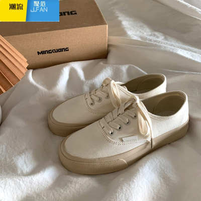 聚范金屿鹿奶茶色帆布鞋女ulzzang2021新款休闲小白鞋潮学生复古板鞋奶茶色拍下备注平时所穿尺码或联系客服